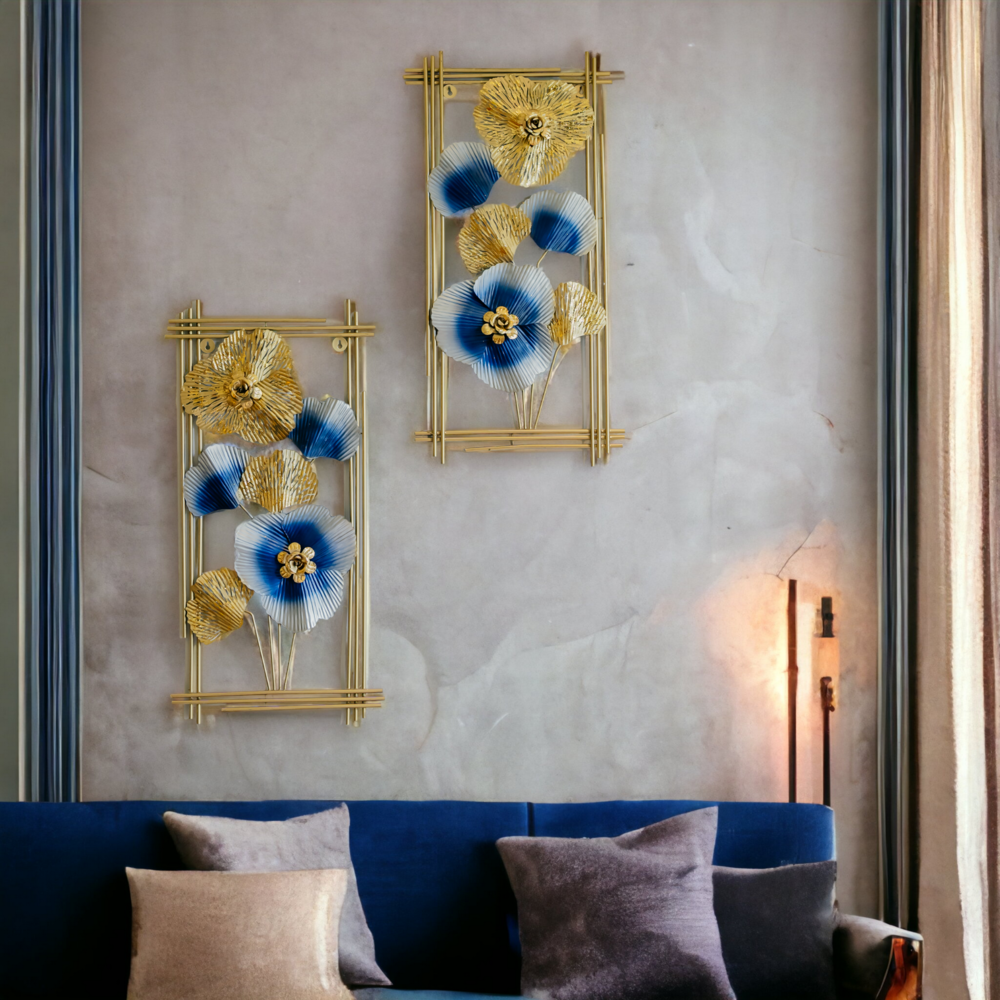 Elegant Gold and Blue Floral Metal Wall Art Dekspace